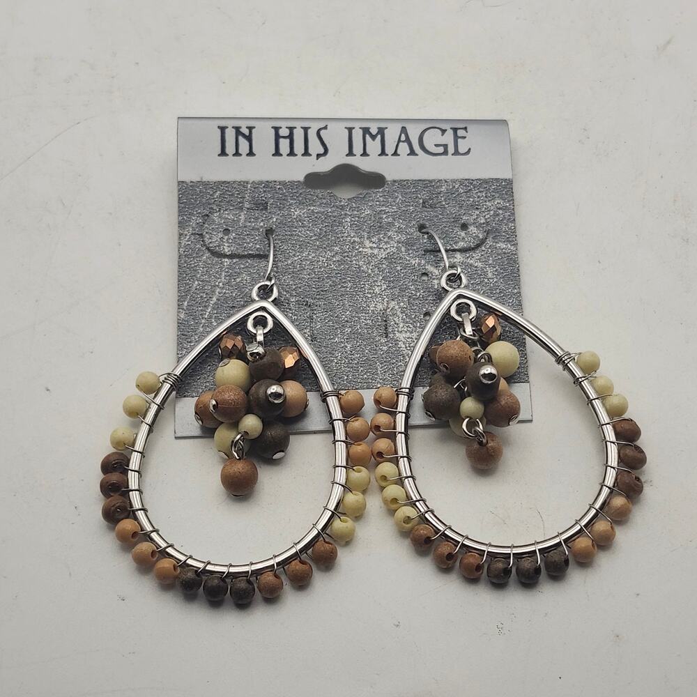 In His Image Teardrop Earrings Plastic Wood Bead Boho Silver Tone Dangle Hook